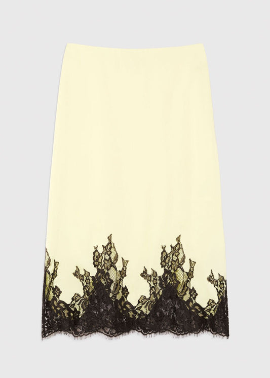 Yellow/Multi Lace Hem Satin Midi Skirt