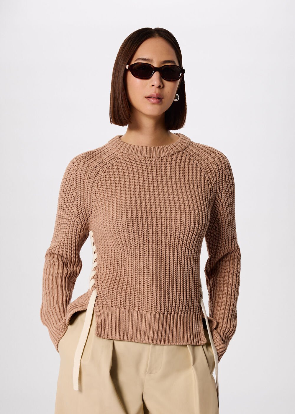 Taupe Lacing Detail Crew Jumper
