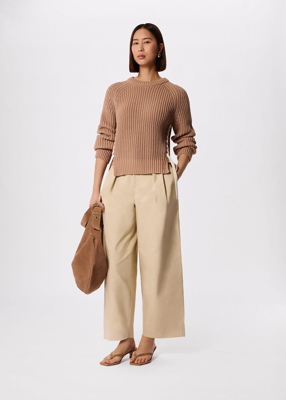 Taupe Lacing Detail Crew Jumper