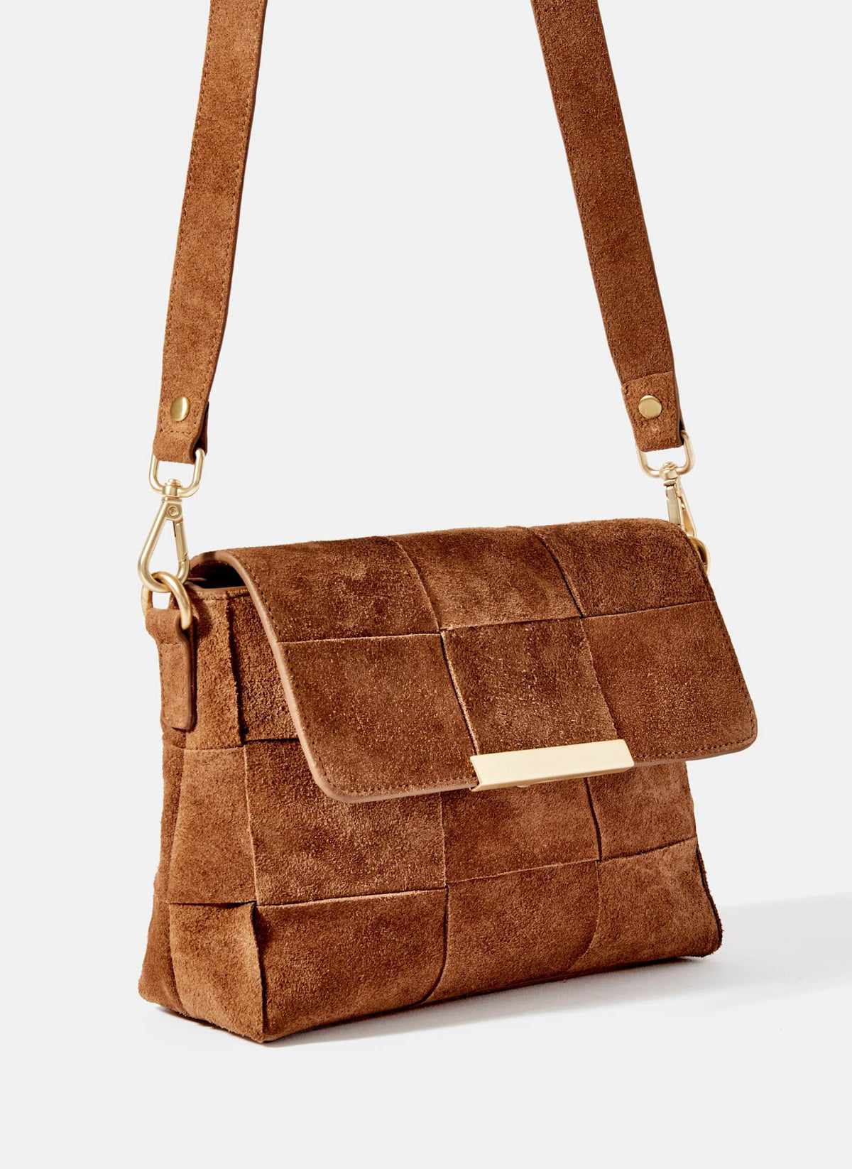 Tan Suede Woven Crossbody Bag