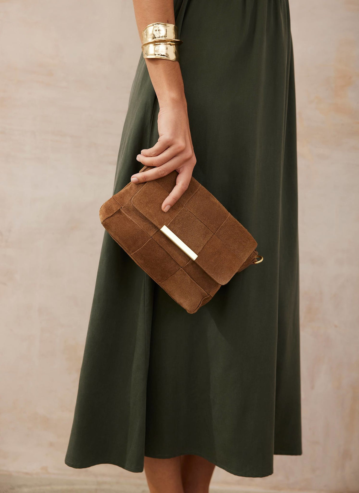 Tan Suede Woven Crossbody Bag