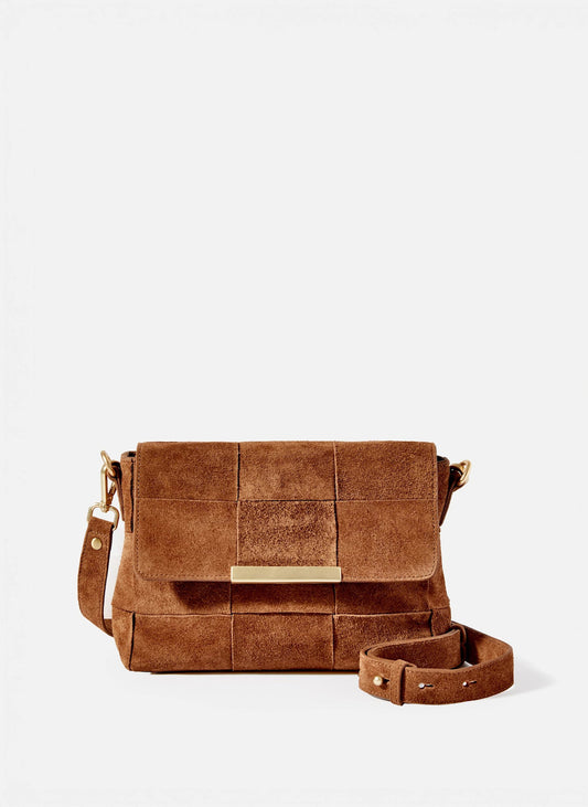 Tan Suede Woven Crossbody Bag