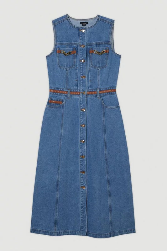 Denim & Faux Leather Tipping Sleeveless Midi Dress