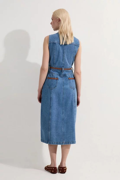 Denim & Faux Leather Tipping Sleeveless Midi Dress