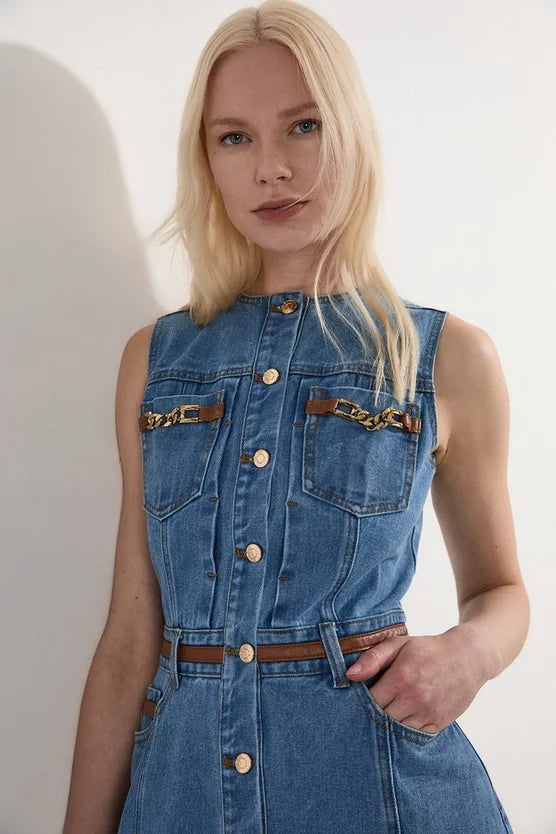 Denim & Faux Leather Tipping Sleeveless Midi Dress