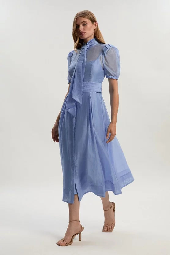 Organdie Tie Neck Woven Midi Dress