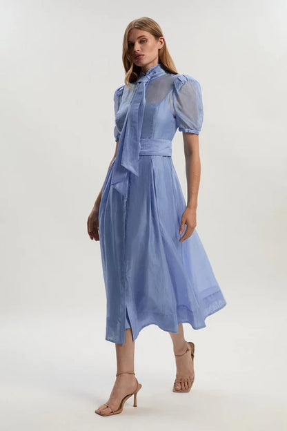 Organdie Tie Neck Woven Midi Dress
