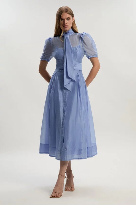 Organdie Tie Neck Woven Midi Dress