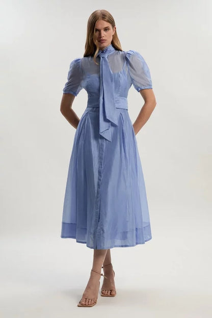 Organdie Tie Neck Woven Midi Dress