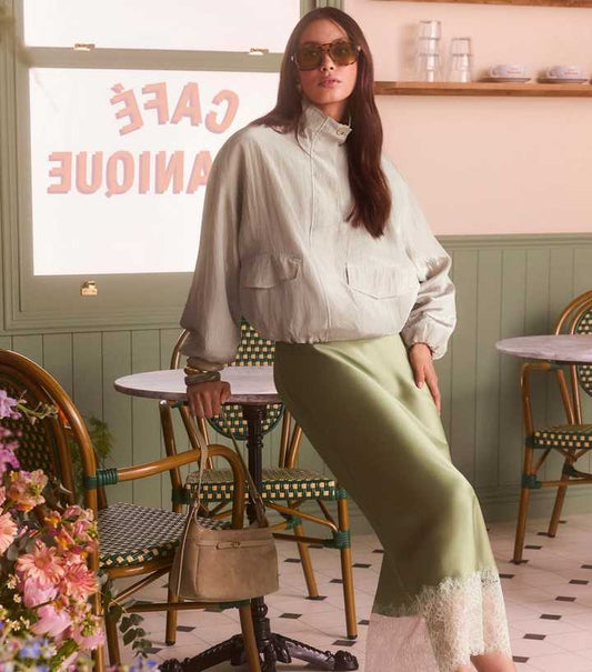 Light Green Deep Lace Trim Midi Skirt