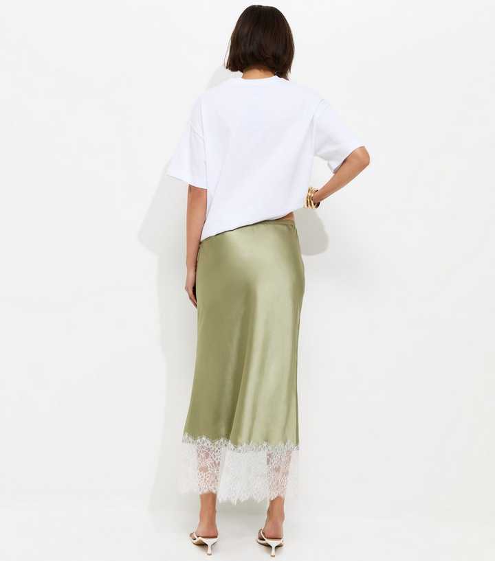 Light Green Deep Lace Trim Midi Skirt