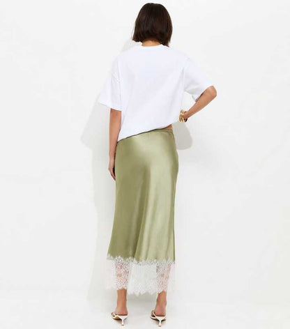 Light Green Deep Lace Trim Midi Skirt