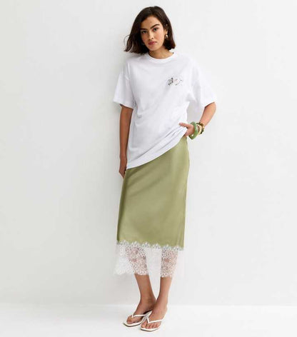 Light Green Deep Lace Trim Midi Skirt