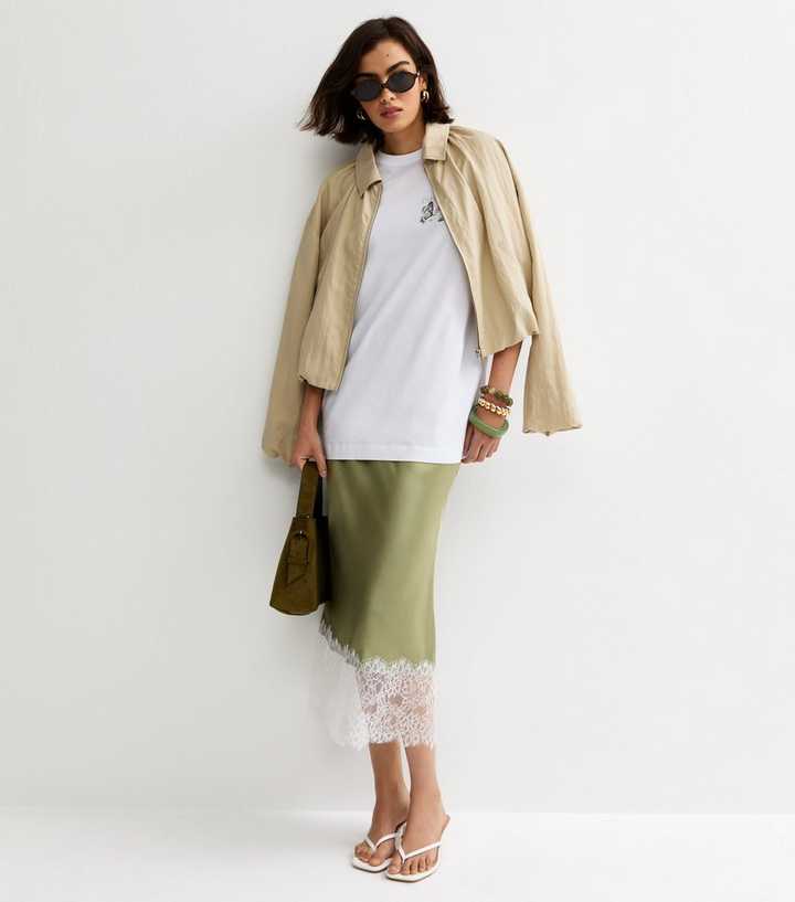 Light Green Deep Lace Trim Midi Skirt