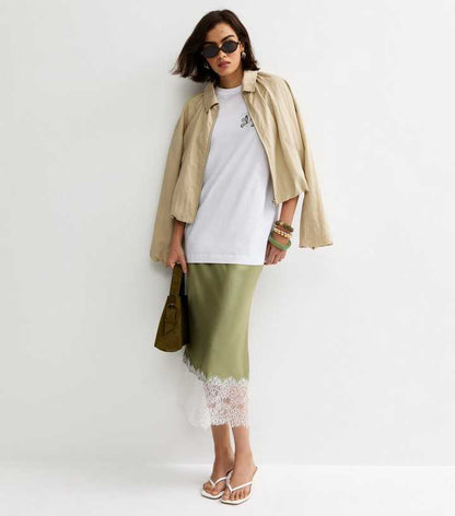 Light Green Deep Lace Trim Midi Skirt