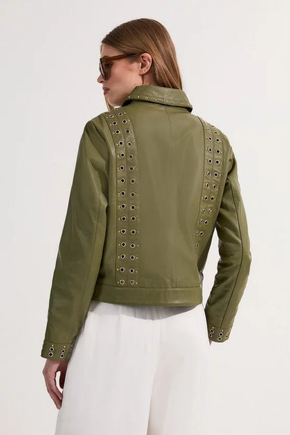 Leather Eyelet And Lace Trim Collared Jacket
