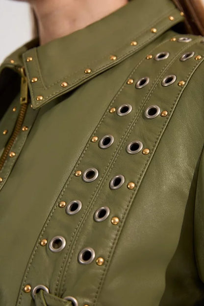 Leather Eyelet And Lace Trim Collared Jacket
