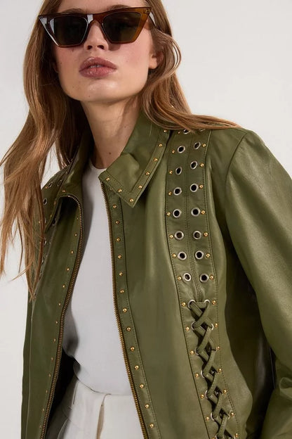 Leather Eyelet And Lace Trim Collared Jacket