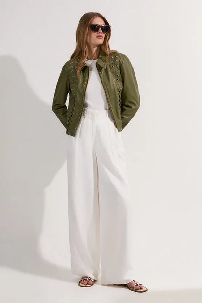 Leather Eyelet And Lace Trim Collared Jacket
