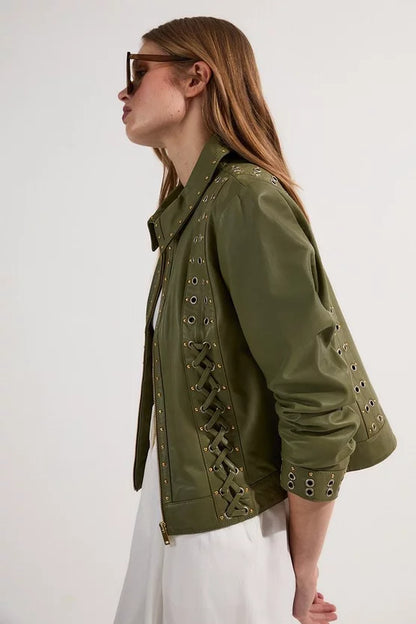Leather Eyelet And Lace Trim Collared Jacket