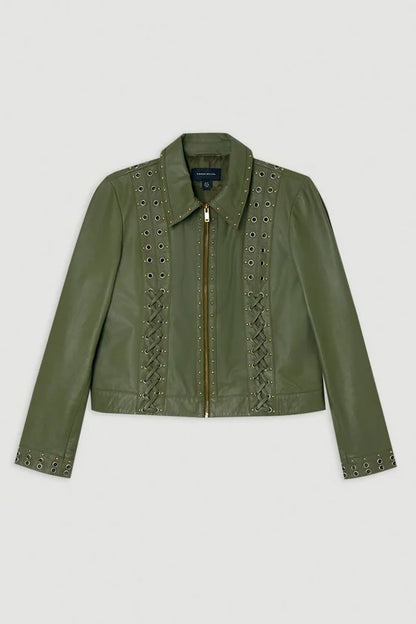 Leather Eyelet And Lace Trim Collared Jacket