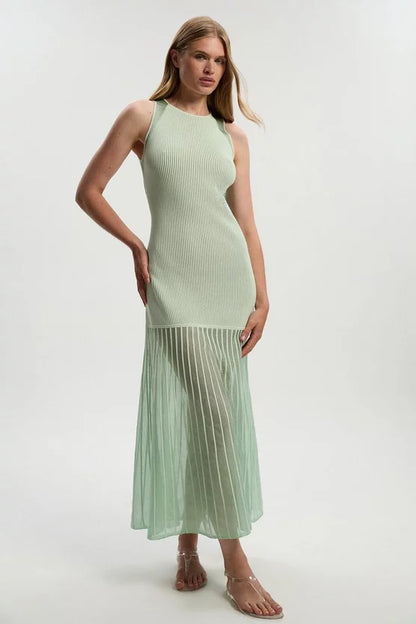 Sleeveless Viscose Blend Knitted Dress With Sparkle Sheer Details