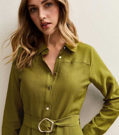 Light Khaki Long Sleeve Belted Midi Shirt Dress