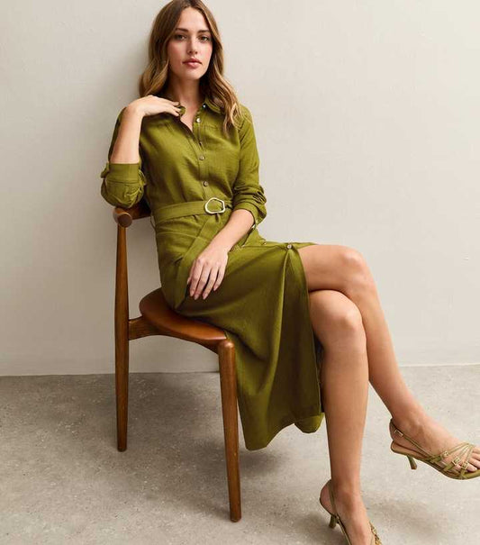 Light Khaki Long Sleeve Belted Midi Shirt Dress