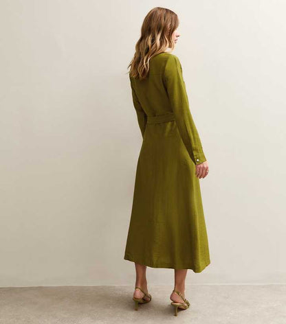 Light Khaki Long Sleeve Belted Midi Shirt Dress