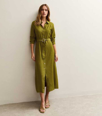 Light Khaki Long Sleeve Belted Midi Shirt Dress