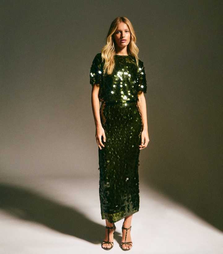 Light Khaki Sequinned Short Sleeve Top