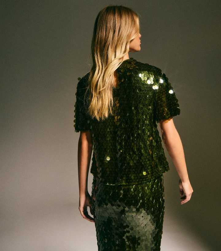 Light Khaki Sequinned Short Sleeve Top