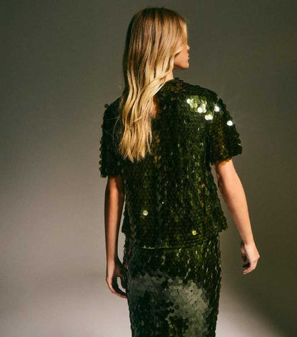 Light Khaki Sequinned Short Sleeve Top