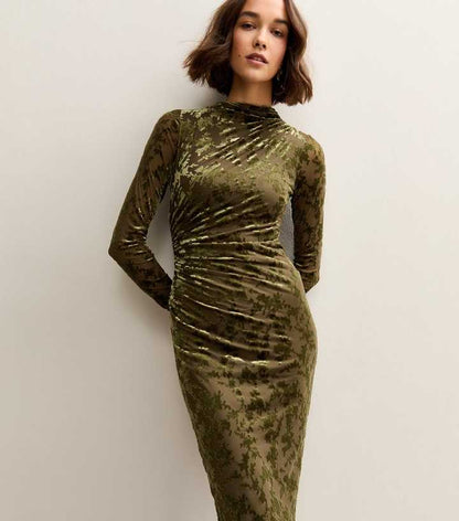 Light Khaki Velvet Floral Devore Long Sleeve Midaxi Dress