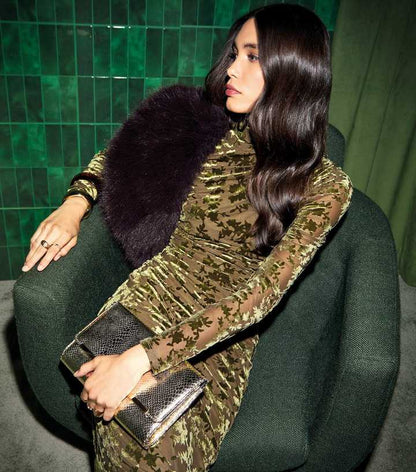 Light Khaki Velvet Floral Devore Long Sleeve Midaxi Dress