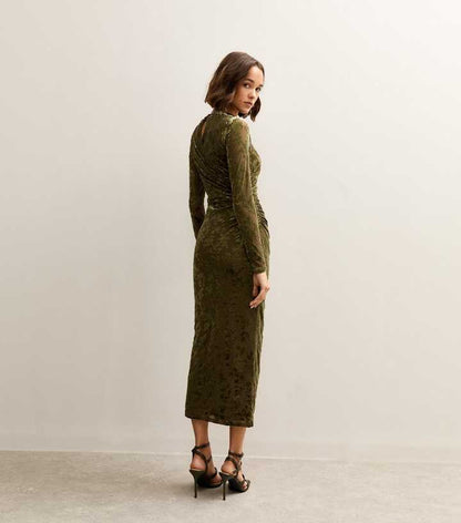 Light Khaki Velvet Floral Devore Long Sleeve Midaxi Dress