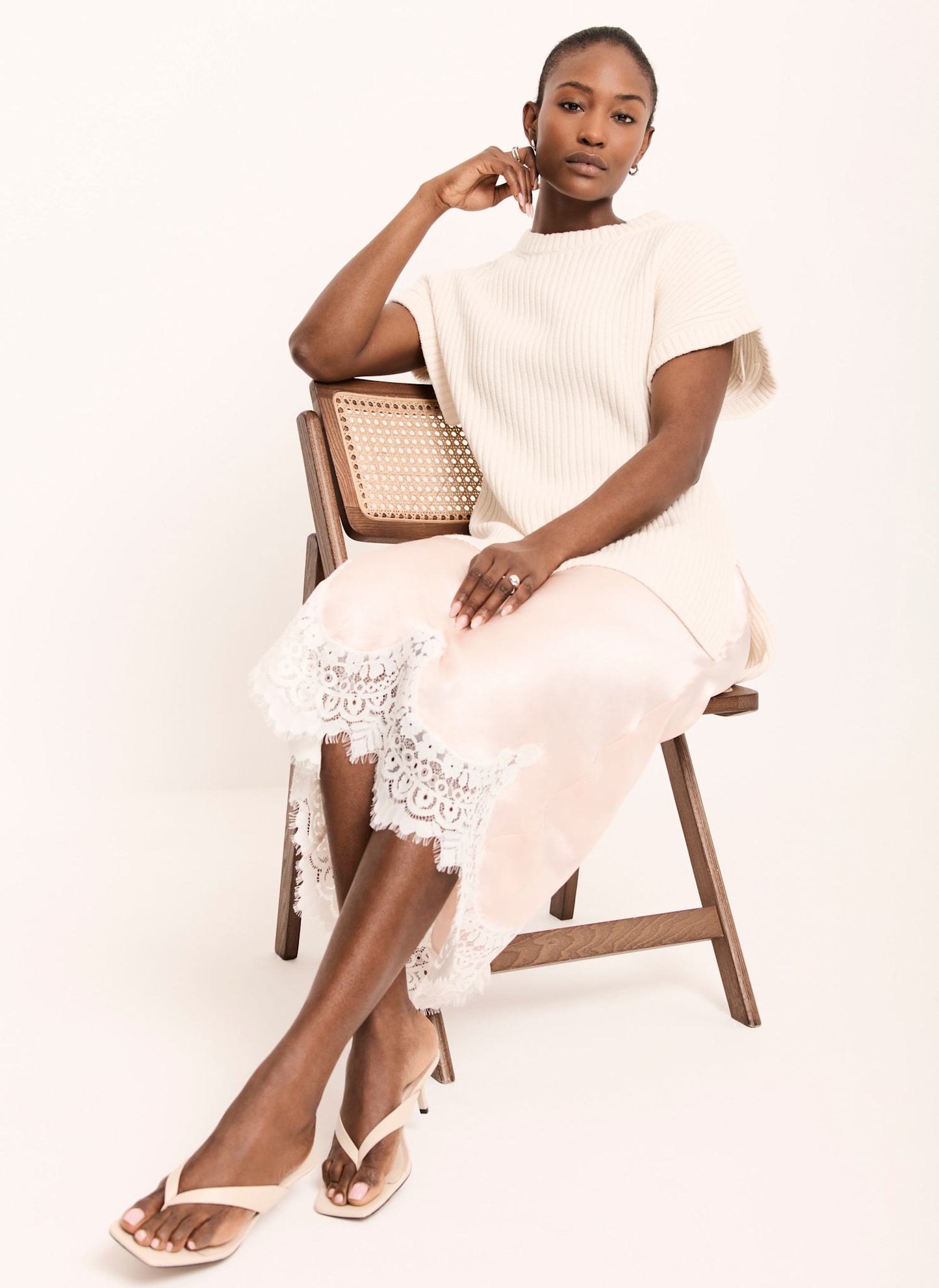 Pink Satin Lace Midi Skirt