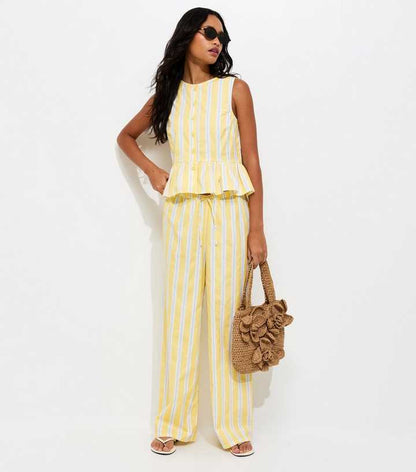 Light Yellow Striped Peplum Hem Button Front Top