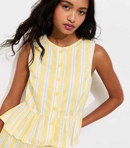 Light Yellow Striped Peplum Hem Button Front Top