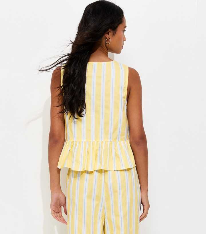 Light Yellow Striped Peplum Hem Button Front Top