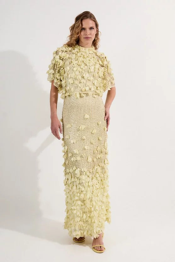 Crystal Applique Angel Sleeve Woven Maxi Dress