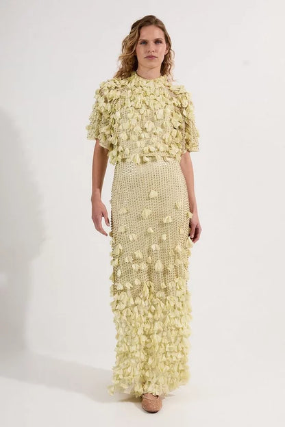 Crystal Applique Angel Sleeve Woven Maxi Dress
