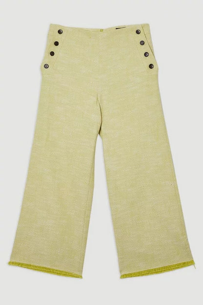Spring Tweed Tailored Button Detail Cropped Wide Leg Trousers