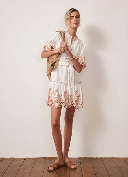 White Linen Blend Broderie Mini Dress