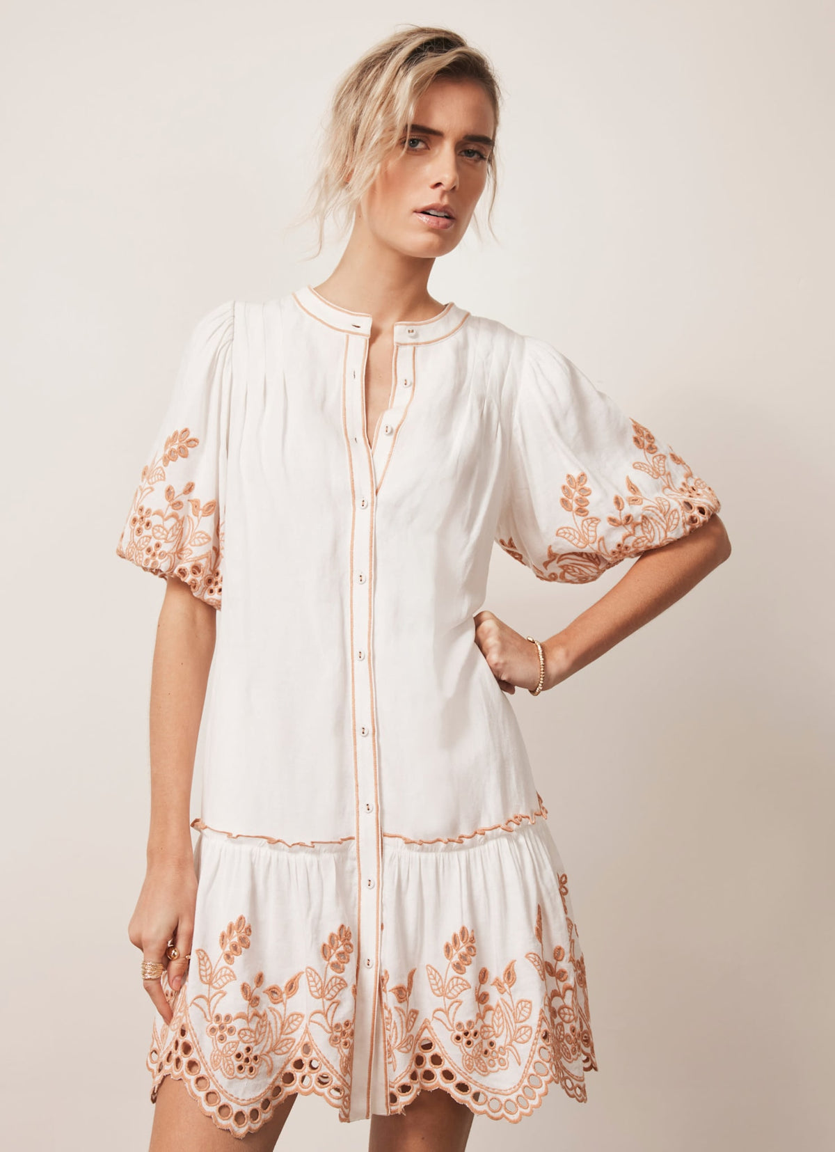 White Linen Blend Broderie Mini Dress