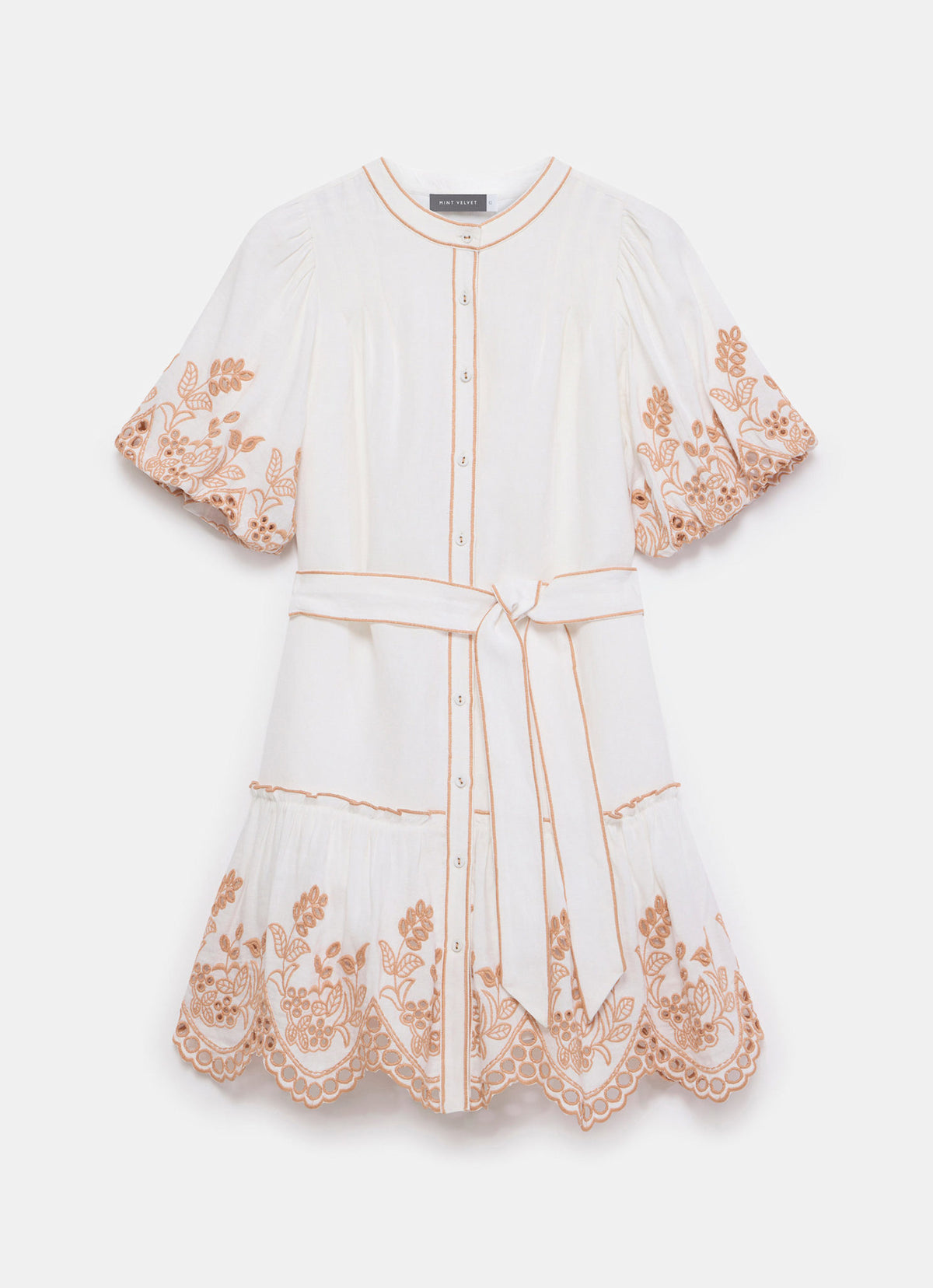 White Linen Blend Broderie Mini Dress