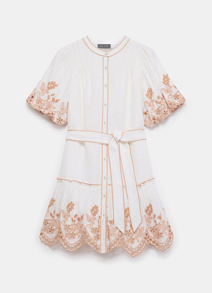 White Linen Blend Broderie Mini Dress