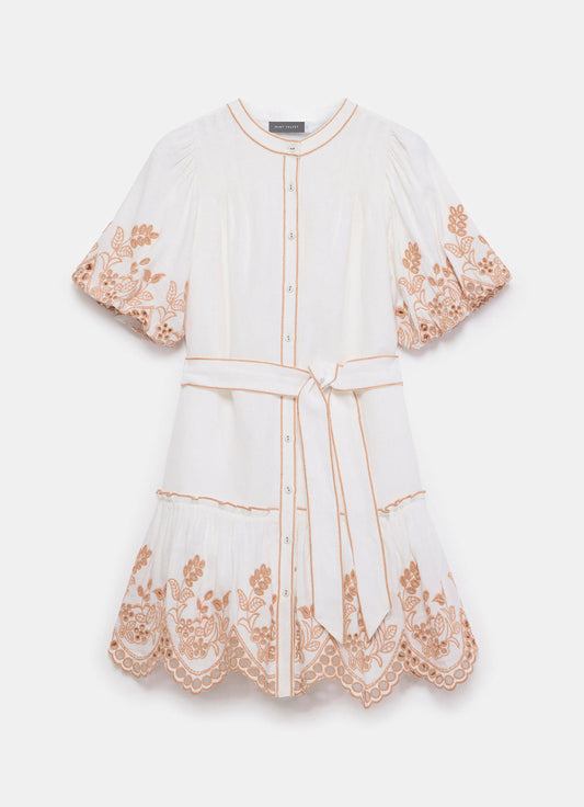 White Linen Blend Broderie Mini Dress