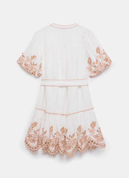 White Linen Blend Broderie Mini Dress