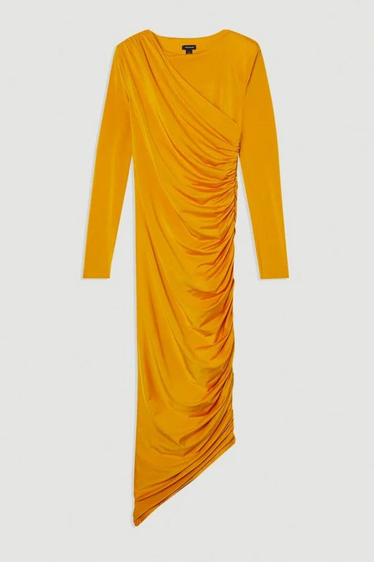 Jersey Crepe Ruched Long Sleeve Maxi Dress